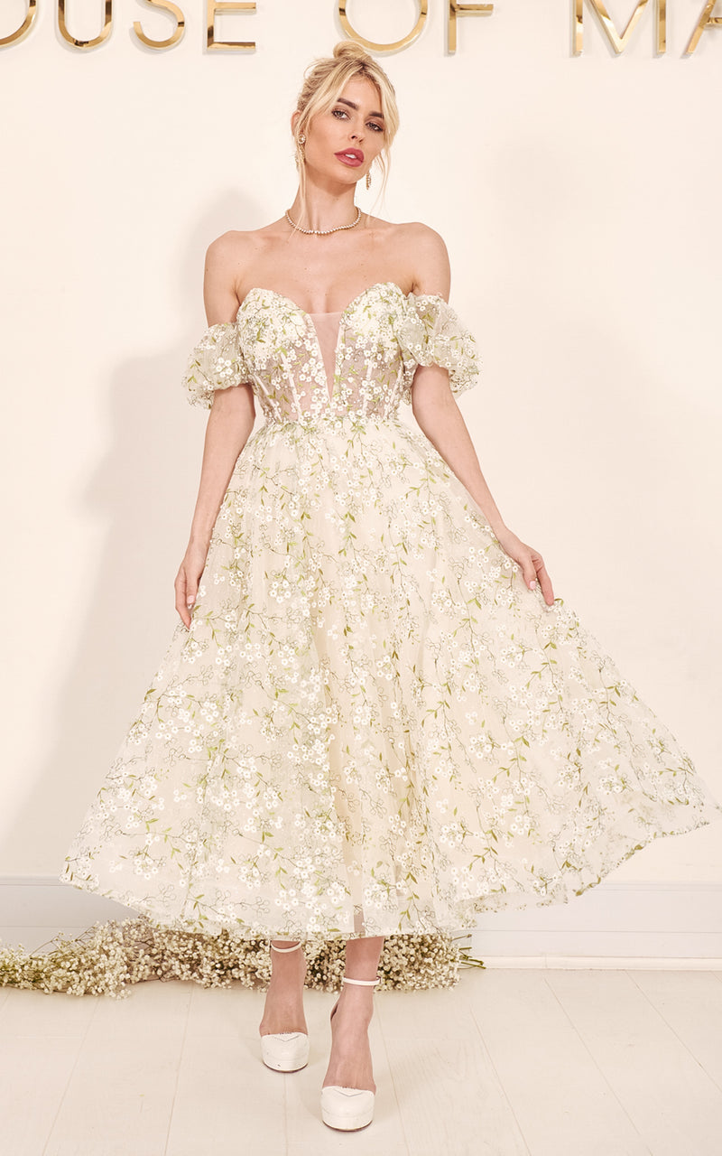 Floral Finesse Floral Embroidery Bustier Off-The-Shoulder Puff Sleeves Corset Midi Dress  MADE-TO-ORDER!