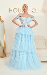 Azure Allure Baby Blue Embroidered Bustier Off-The-Shoulder Layered Tulle Maxi Dress