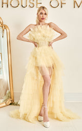 O Sole Mio Lemon Sorbet Feather Detail Strapless High Low Layered Tulle Maxi Dress