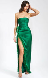 Perrin Emerald Green Feather Dress High Slit Gown