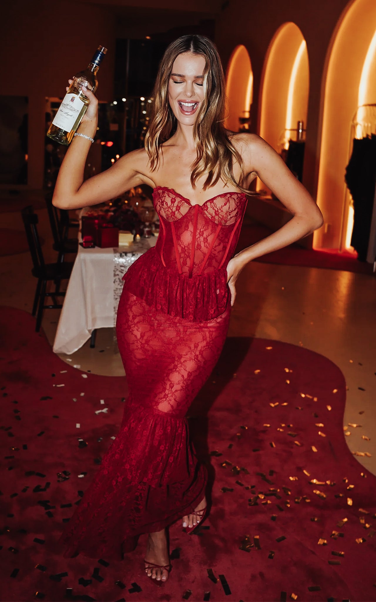 Quennell Red Lace Bustier Peplum Top Mermaid Style Party Maxi