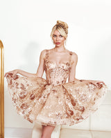 She's Pure Charm Rose Gold Embroidered Bustier A-Line Skirt Mini Dress