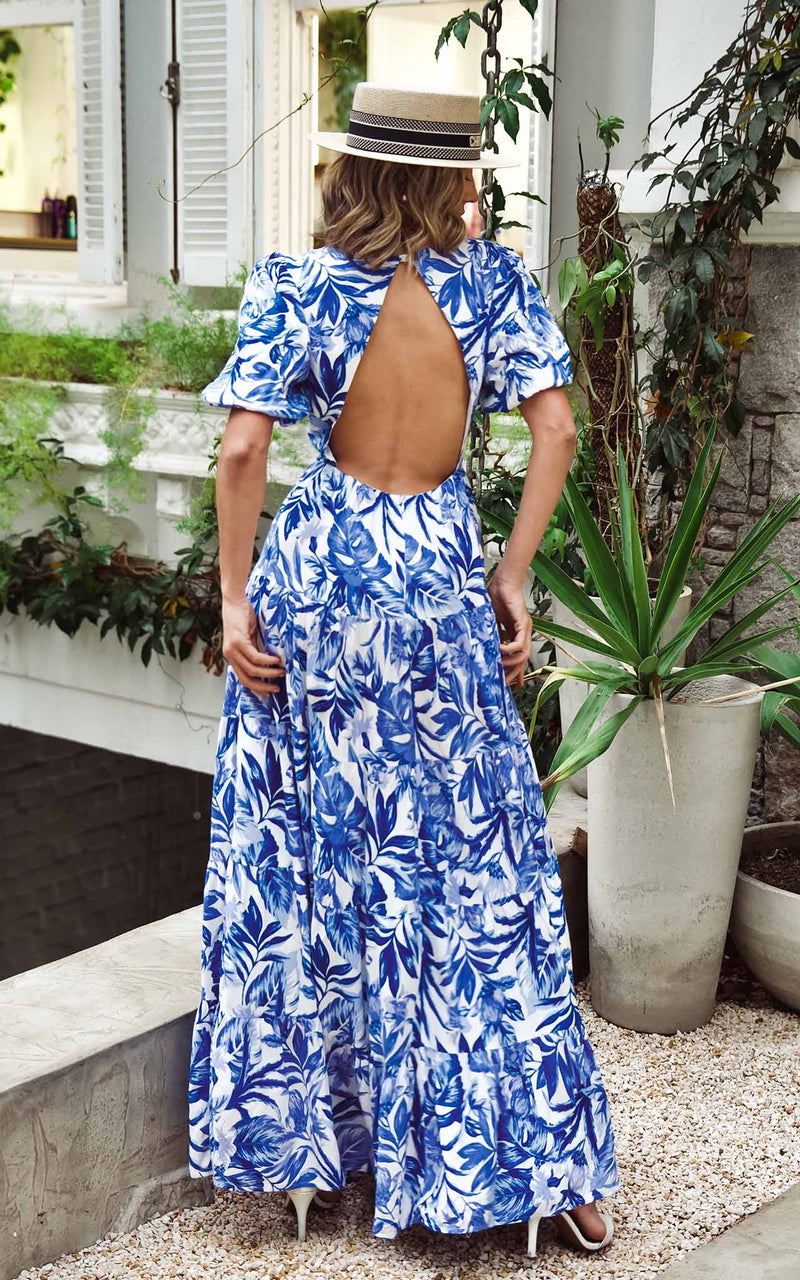 Find Me On A Yacht Blue Floral Print Puffy Sleeves Open Back Summer Maxi Holiday Dress