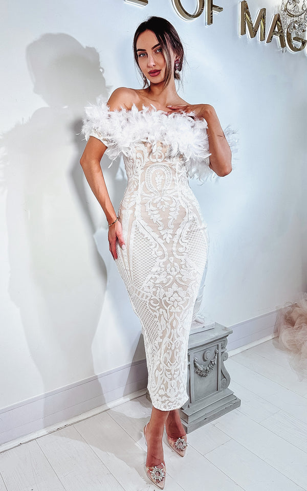 High Profile White Embroidered Bandeau Off the Shoulder Feather Trim Midi Dress