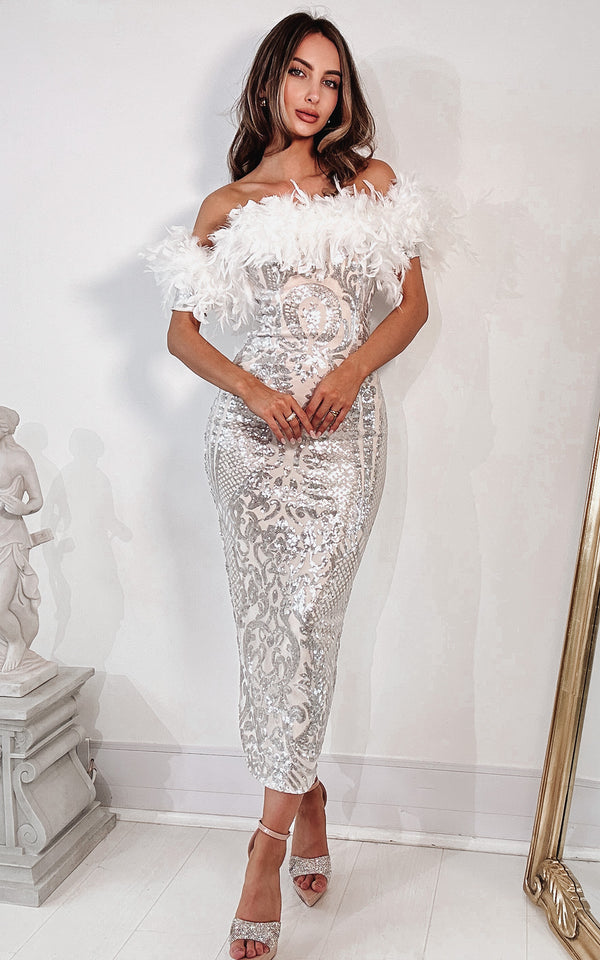 High Profile Silver Embroidered Bandeau Off the Shoulder Feather Trim Midi Dress