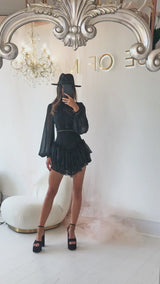 Boho Dress Black High Neck Lace Ruffle Long Puff Sleeve Mini Dress