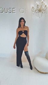 The Main Attraction Black Halterneck Cut-Out Thigh Slit Maxi Dress