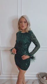 Lulu's Emerald Green Sequins & Feathers Open Back Party Dress