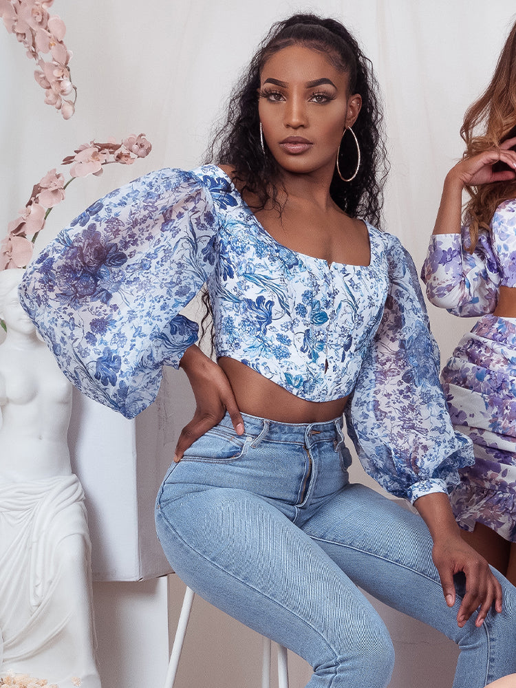 Abbey Blue Porcelain Print Flower Garden Corset Top HOUSE OF MAGUIE