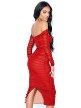 First Kiss Red Off The Shoulder Ruched Cut Out Midi Dress