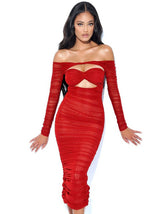 First Kiss Red Off The Shoulder Ruched Cut Out Midi Dress