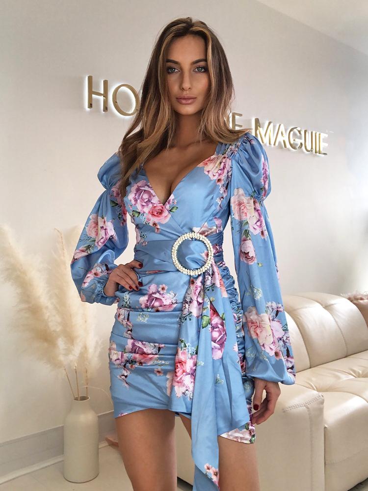 Mari Sky Blue Satin Floral Print Puff Sleeves Wrap Dress – HOUSE OF MAGUIE