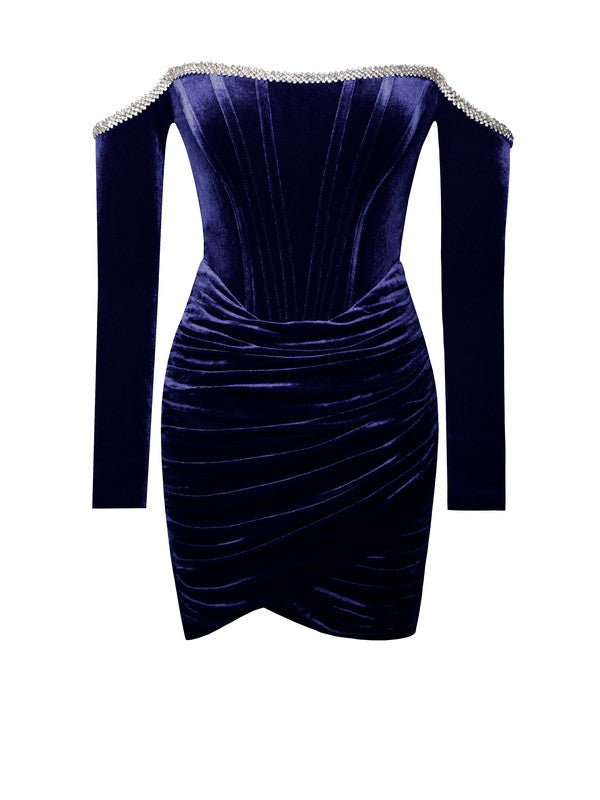 Heart Snatcher Navy Blue Velvet Off The Shoulder Crystal Encrusted Mini Dress