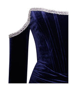 Heart Snatcher Navy Blue Velvet Off The Shoulder Crystal Encrusted Mini Dress
