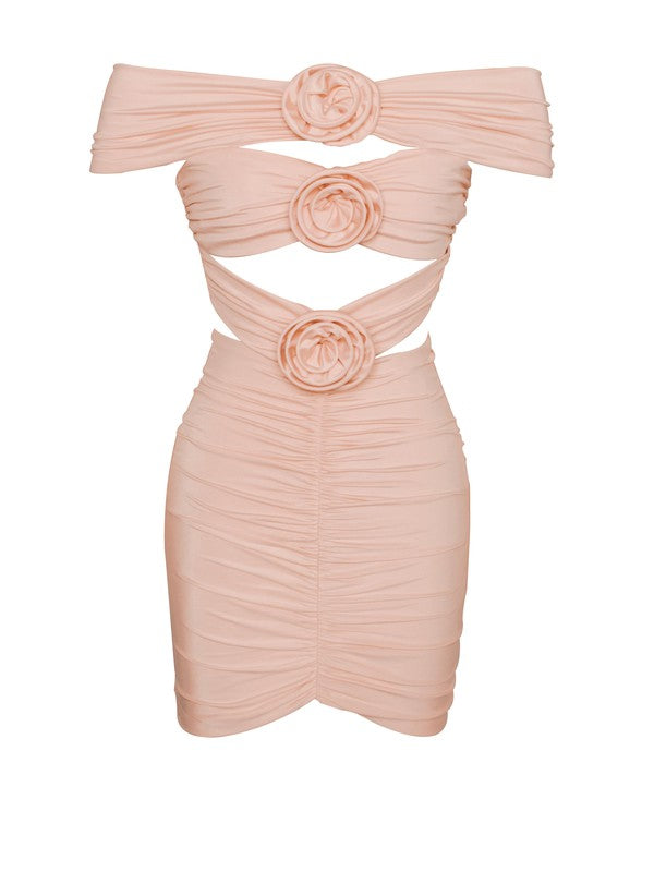 Chaylynn Peach Off Shoulder With Adorned Roses Detailed Ruched Dress