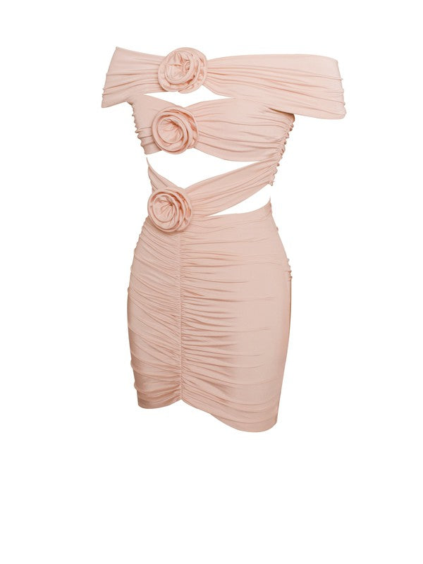 Chaylynn Peach Off Shoulder With Adorned Roses Detailed Ruched Dress