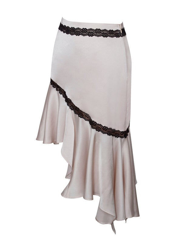 Yareli Peachy Beige Romantic Lace Trim Satin Skirt Set