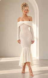 Snatched in Alabaster Off Shoulder Long Sleeve Crochet Mermaid Maxi Dress