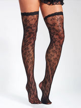 Miss Circle Black Lace Floral Print Thigh Highs