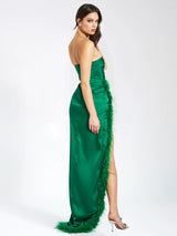 Perrin Emerald Green Feather Dress High Slit Gown