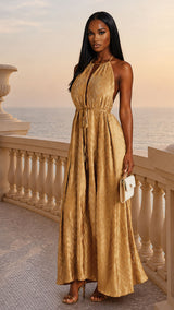 RSVP Darling – Honey Gold Backless Plissé Maxi Wedding Guest Dress