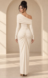 Soft Tone Sharp Standards Asymmetric Shoulder Ruched Silhouette Maxi Dress – Alabaster