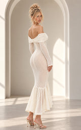 Snatched in Alabaster Off Shoulder Long Sleeve Crochet Mermaid Maxi Dress