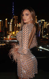 Icon in Royale Peekaboo Bow Detail Rhinestone Long Sleeve Mini Dress – Almond