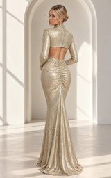 Polished Behaviour  Long Sleeve Open Back Metallic Champagne Wedding Guest Maxi Dress