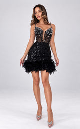 Little Drama Pearls Beaded Feathered Hem Sweetheart Black Sequin LBD