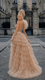 Manor Muse – Champagne Bedazzled Rhinestone Corset Layered Tulle Maxi Dress MADE TO ORDER