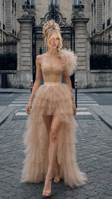 Manor Muse – Champagne Bedazzled Rhinestone Corset Layered Tulle Maxi Dress MADE TO ORDER