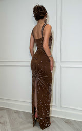 Golden Hour Muse – Premium Embellished Summer Occasion Maxi Dress Chocolate