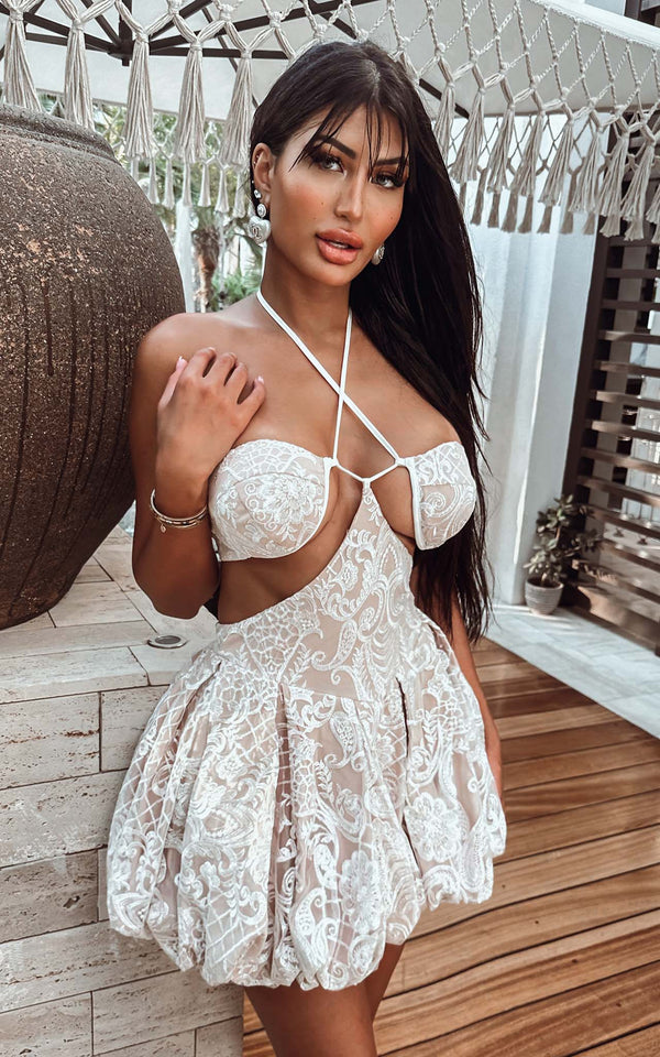Beach Bar Hours White Lace Balloon Skirt & Lace up Cups Summer Occasion Dress Mini
