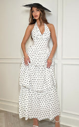 Dotted Desire – Polka Dot Halter Neck Layered Midi Dress