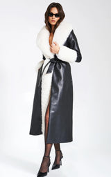 Zaida White Faux Fur Trim Black Vegan Leather Coat
