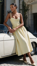 Belle Époque – Sweetheart Belted A-Line Tweed Midi Dress Butter Yellow
