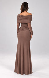 Society Darling Chocolate Colour Off Shoulder Wrap Maxi Gown
