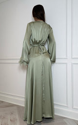 Royal Society – Sage Green V Collar Feather Cuffs Thigh Split Satin Maxi Dress