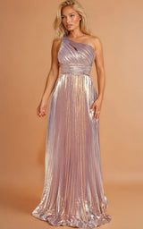 Festivette – Asymmetrical Shoulder Pleated Metallic Maxi Dress Lavender