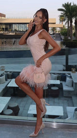 Peach Royale – Sequin Mini Dress with Ostrich Feather Hem