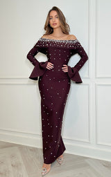 Elite Society – Bardot Bell Sleeve Body Architect Bandage Maxi Dress