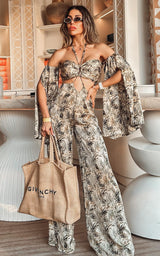 Marbella Socialites – Palm Print Cut-Out Flare Jumpsuit With Floating Sleeves