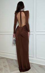 Fashion-forward brown maxi dress editorial look