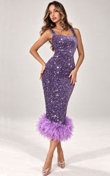 Billionaire’s Guest Purple Sequin Feathered Hem Midi Dress