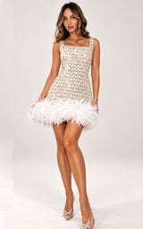 Gen Glam Silver Champagne Sequin Feather Trim Party Dress