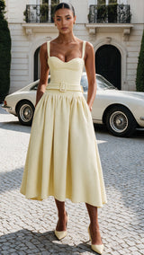 Belle Époque – Sweetheart Belted A-Line Tweed Midi Dress Butter Yellow