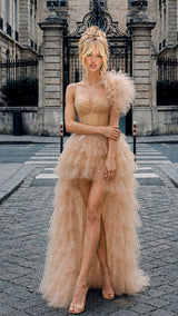 Manor Muse – Champagne Bedazzled Rhinestone Corset Layered Tulle Maxi Dress MADE TO ORDER