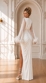 White Party – Feathered Bell Sleeve Ruched Wrap Side Slit Midi Dress