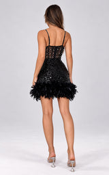 Little Drama Pearls Beaded Feathered Hem Sweetheart Black Sequin LBD